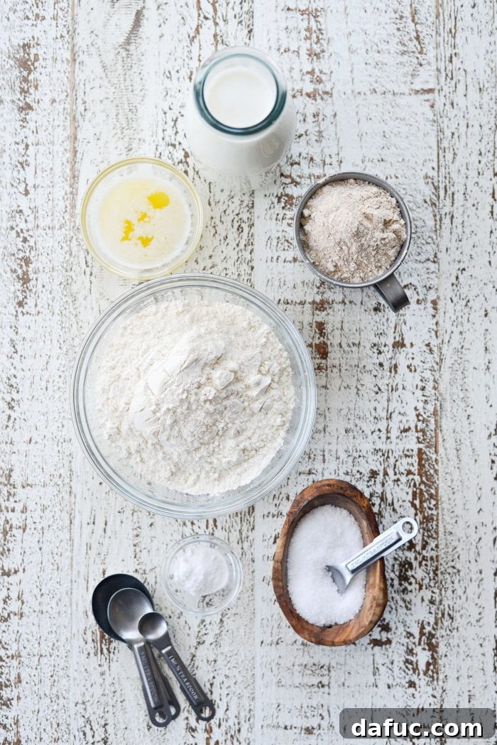 Hearty Irish Hearth Bread 4 Key ingredients for baking Irish Soda Bread displayed on a counter