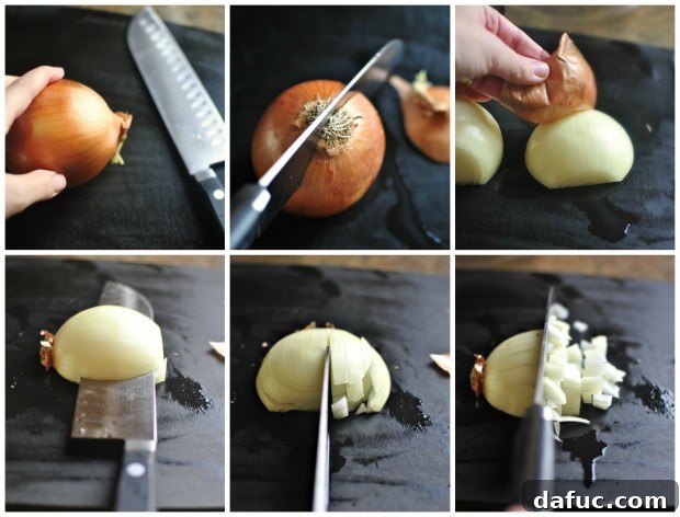 Steps for dicing a yellow onion