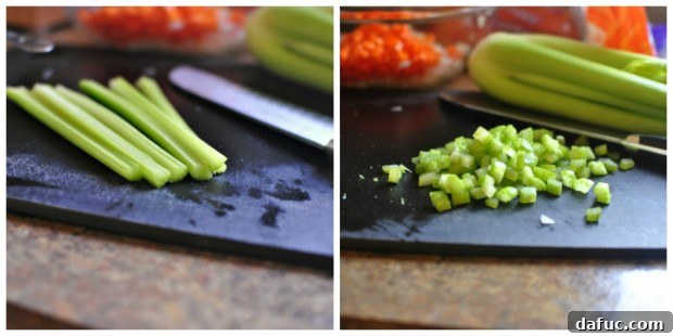 Diced celery stalks on a cutting board