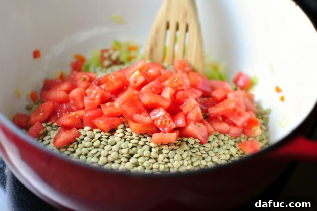 Hearty Plant-Based Lentil Stew 22 Adding diced tomatoes to the soup pot