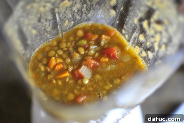 Hearty Plant-Based Lentil Stew 26 Scooping soup into a blender