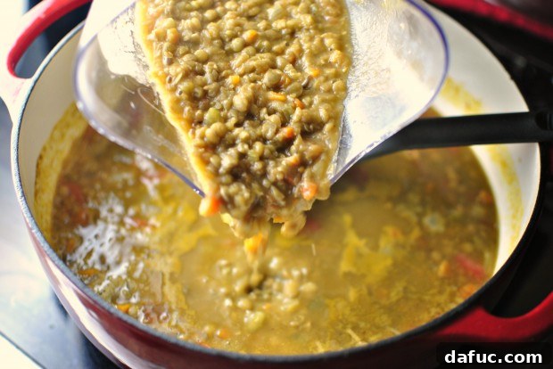 Blended soup being poured back into the pot