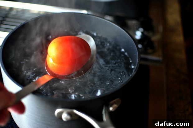 A Roma tomato being submerged into boiling water