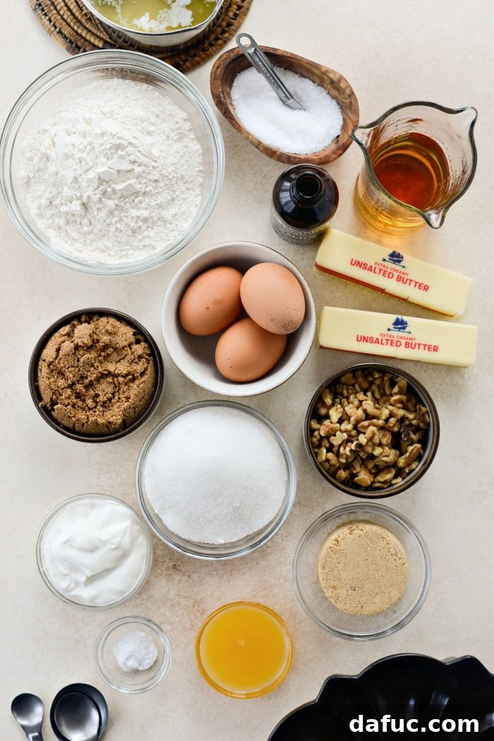 Emerald Isle Whiskey Cake 4 Various ingredients for Irish Whiskey Cake laid out on a kitchen counter