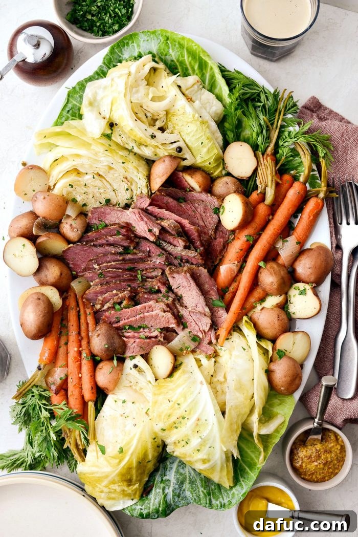 25+ Delicious St. Patrick's Day Recipes 20 Slow Cooker Corned Beef and Cabbage dinner with potatoes and carrots, ready to serve