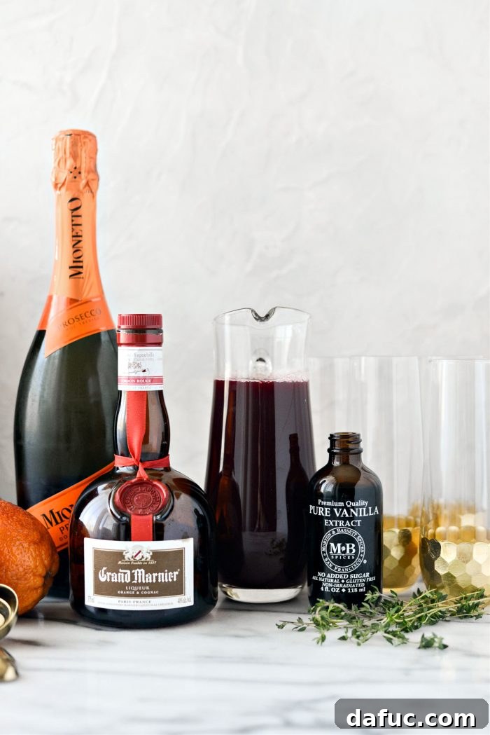 Velvet Vanilla Blood Orange Mimosas 4 Ingredients laid out for Vanilla Blood Orange Mimosas preparation