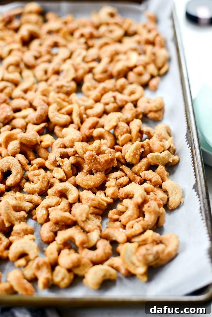 Decadent Honey Roasted Cashews 12 Tossing the sugar and salt with honey roasted cashews in a bowl.