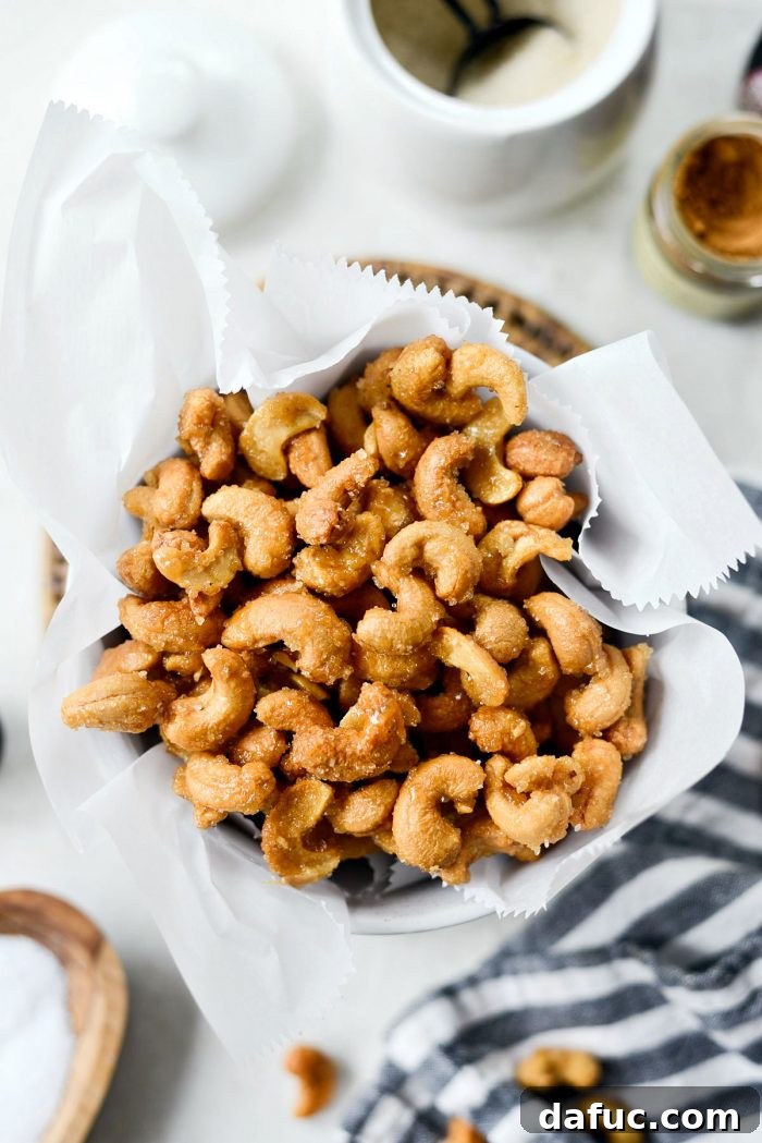 Decadent Honey Roasted Cashews 14 A bowl of finished honey roasted cashews, ready to be served.