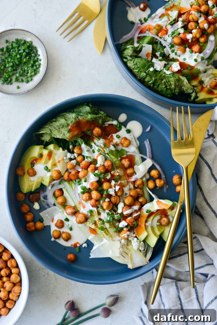 Air Fryer Buffalo Chickpea Caesar Salad - A full serving of the salad, ready to eat.