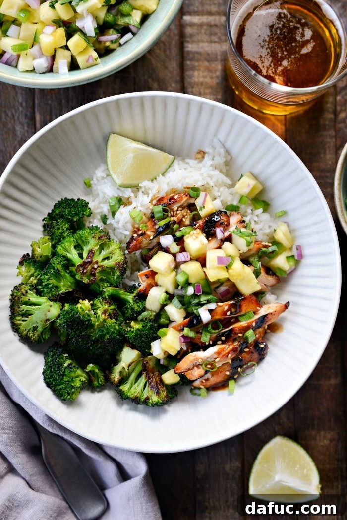 Beautifully arranged Huli Huli Chicken Rice Bowls with all components visible