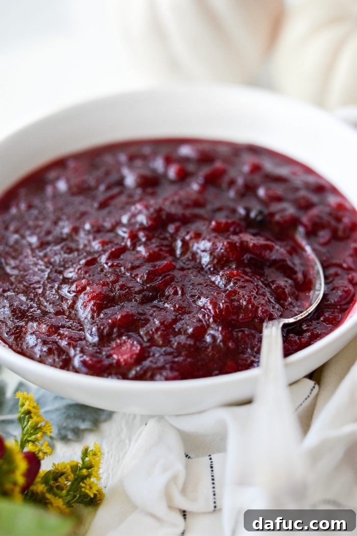 white bowl filled with perfectly textured homemade cranberry sauce
