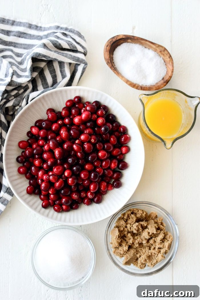 fresh cranberries, dark brown sugar, granulated sugar, orange juice, water, and kosher salt laid out as ingredients