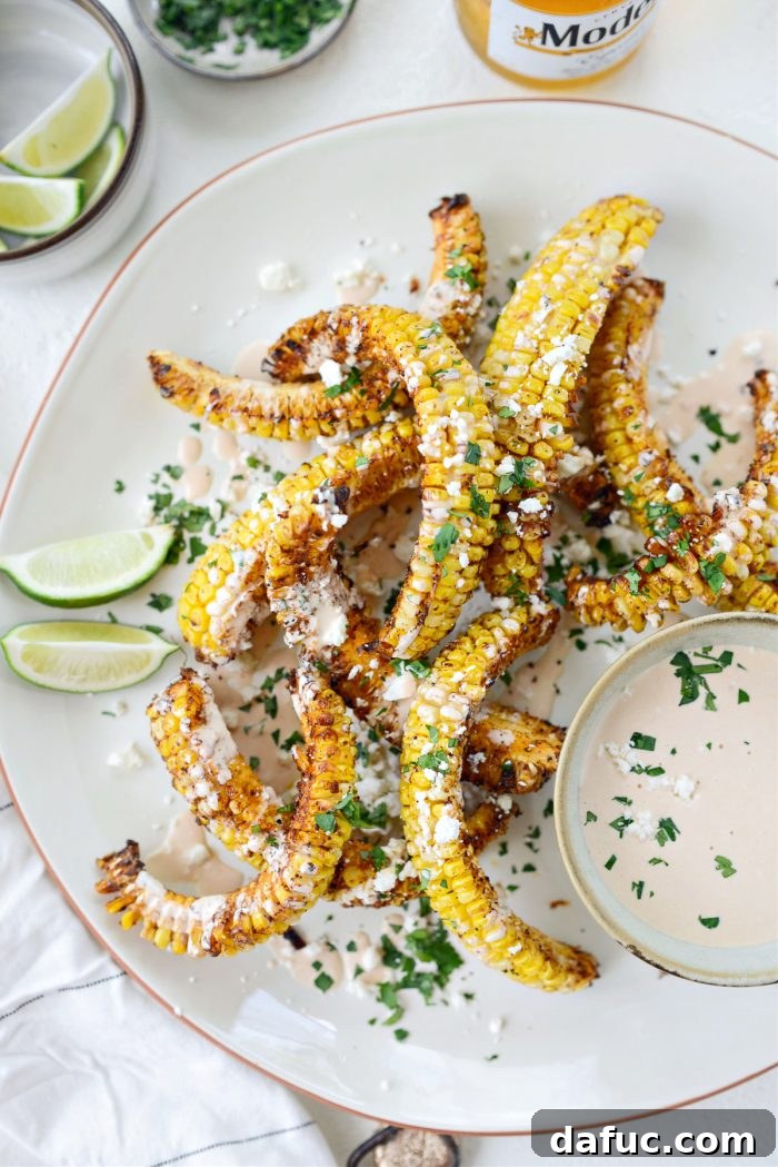 A large platter filled with Air Fryer Corn Ribs