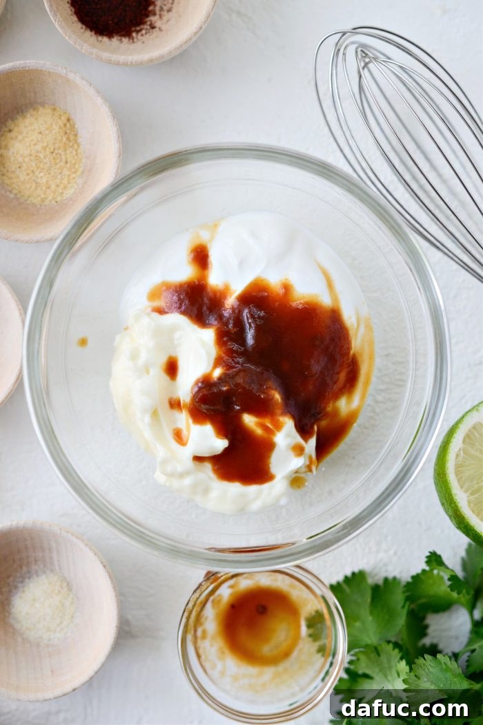 Greek yogurt, mayonnaise, and adobo sauce in separate containers
