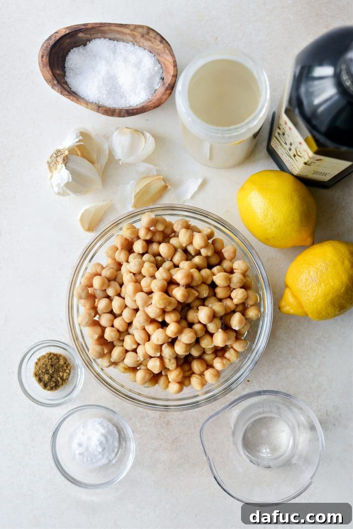 Velvet Smooth Blender Hummus 4 Fresh ingredients laid out for making creamy blender hummus