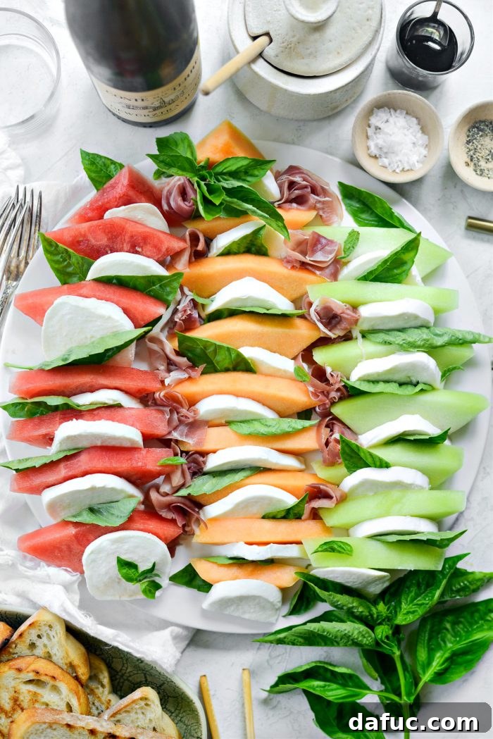 Arranging Melon Caprese with Fresh Mozzarella and Basil