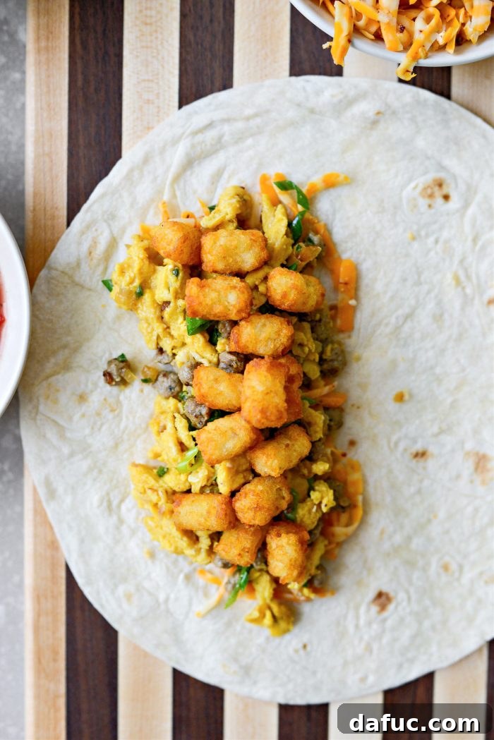 Crispy Hash Brown Morning Burritos 14 Top with crispy mini tater tots.