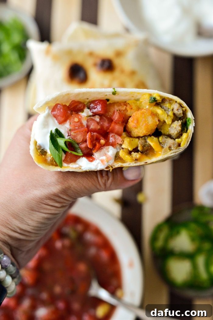 Crispy Hash Brown Morning Burritos 20 Easy Breakfast Burritos served on a rustic wooden board.