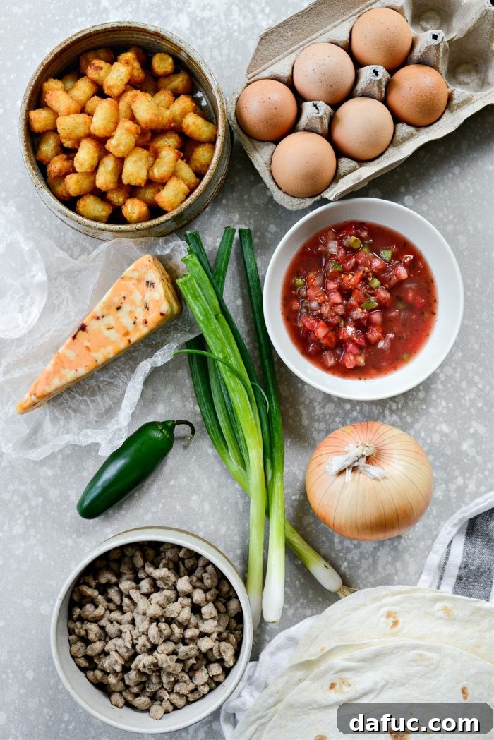 Crispy Hash Brown Morning Burritos 4 All the delicious ingredients laid out for easy breakfast burritos