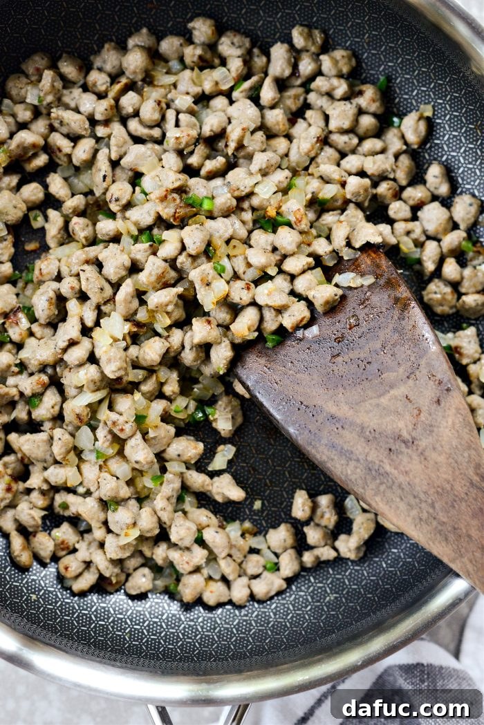Crispy Hash Brown Morning Burritos 8 Sauté onion and brown sausage crumbles until tender and golden.