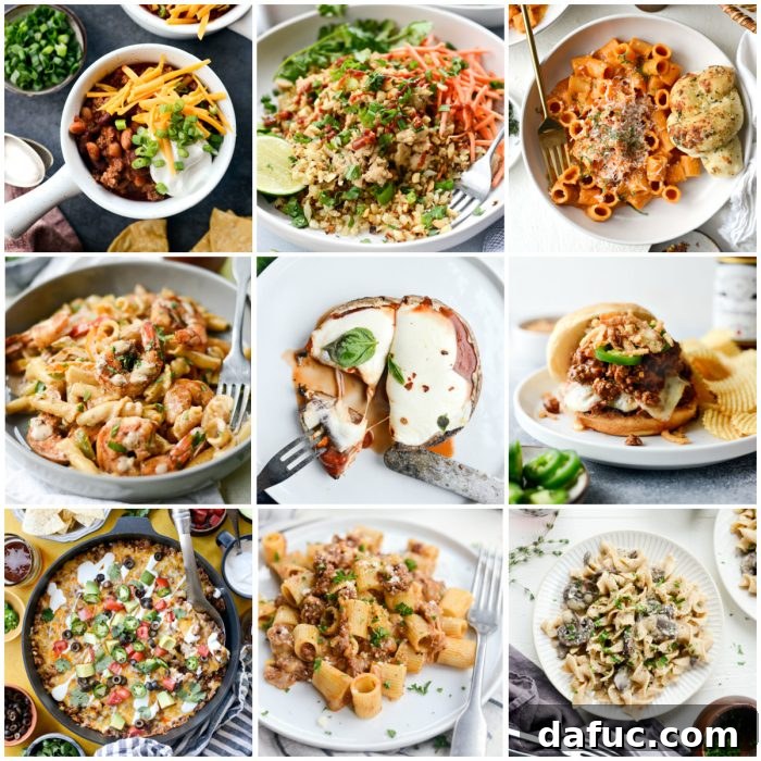 25+ Simple Dinners for Busy Weeknights 2 A vibrant spread of over 25 easy weeknight dinner recipes, showcasing various dishes including pasta, sheet pan meals, tacos, and stews.