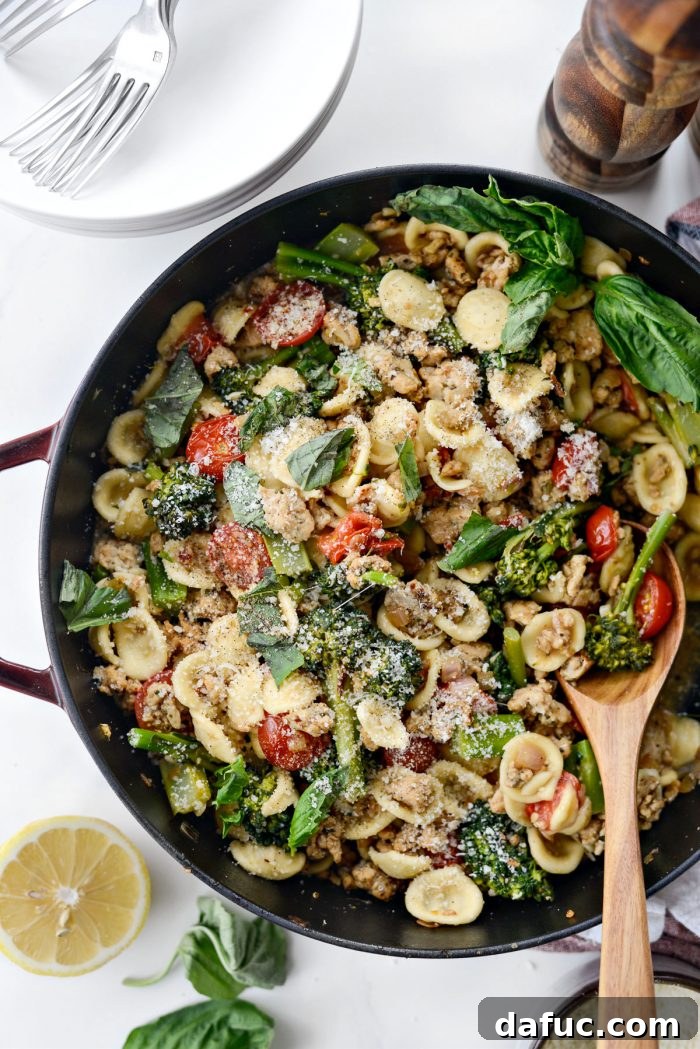 25+ Simple Dinners for Busy Weeknights 11 One Pan Lemony Orecchiette with Sausage and Broccolini, a simple and healthy pasta dish.