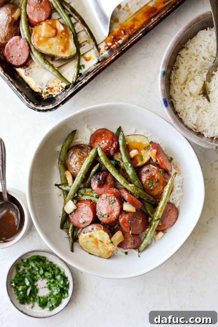 25+ Simple Dinners for Busy Weeknights 12 Honey Barbecue Sausage Sheet Pan Dinner with turkey sausage and vegetables.