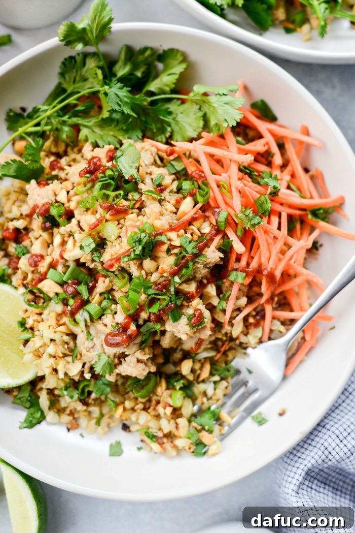 25+ Simple Dinners for Busy Weeknights 13 Quick Thai Chicken Cauliflower Rice Bowl, a healthy and fast weeknight dinner.