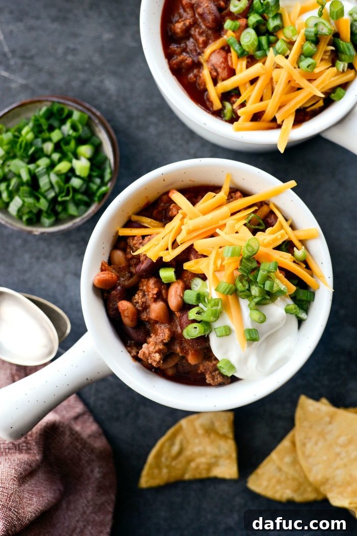 25+ Simple Dinners for Busy Weeknights 14 Easy Loaded Beef Chili, a comforting and quick chili recipe.