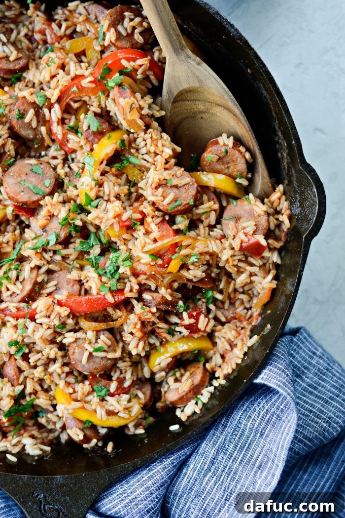 25+ Simple Dinners for Busy Weeknights 18 Andouille Cajun Rice Skillet, a quick and easy one-skillet dinner.