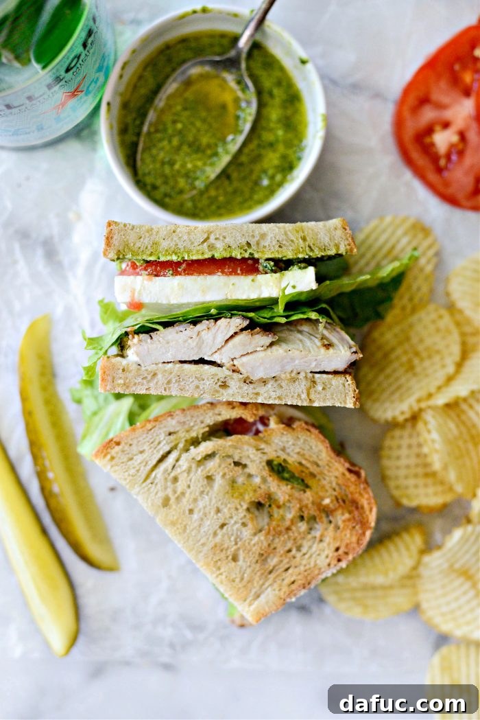 Beautifully assembled Grilled Turkey Pesto Sandwich, ready to serve