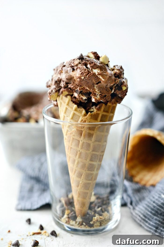 Blissful No-Churn Hash Indulgence 3 Scoops of homemade No-Churn Heavenly Hash Ice Cream in a bowl