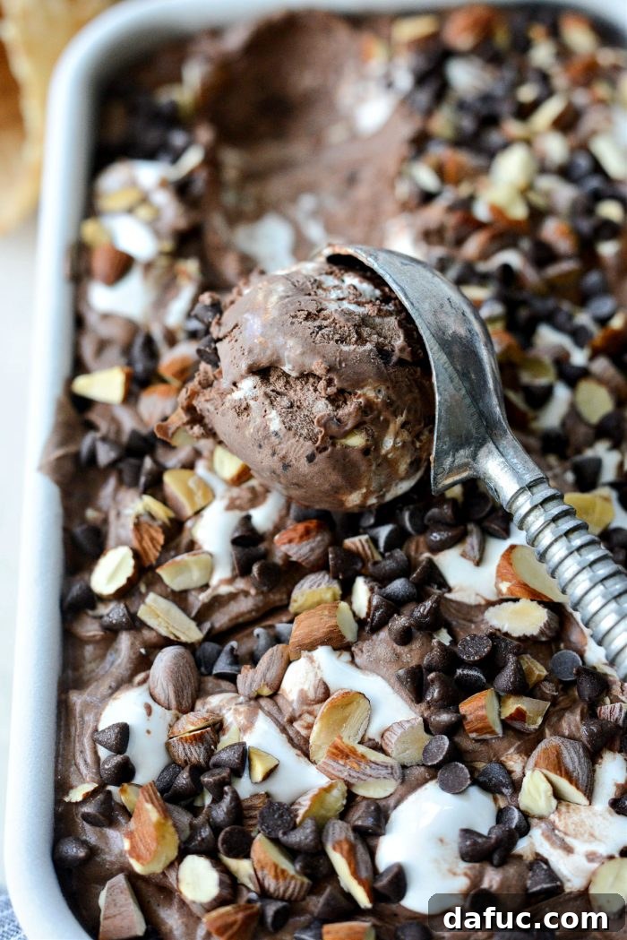 Blissful No-Churn Hash Indulgence 22 Close-up of a scoop of No-Churn Heavenly Hash Ice Cream with visible mix-ins