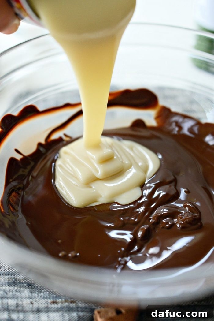 Blissful No-Churn Hash Indulgence 8 Pouring sweetened condensed milk into melted chocolate