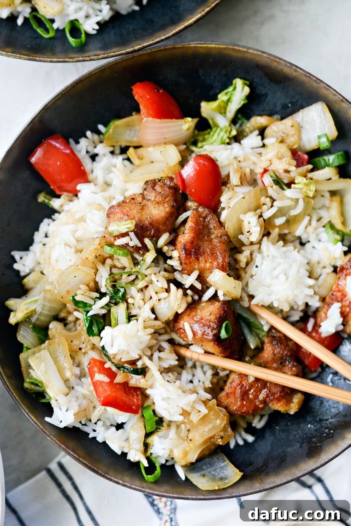 Black Pepper Chicken Stir-fry served in a bowl, close up