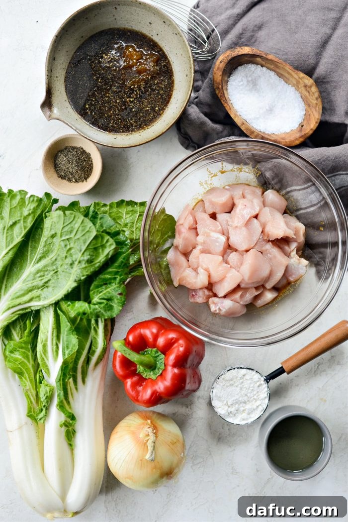 Ingredients laid out for Black Pepper Chicken Stir-fry