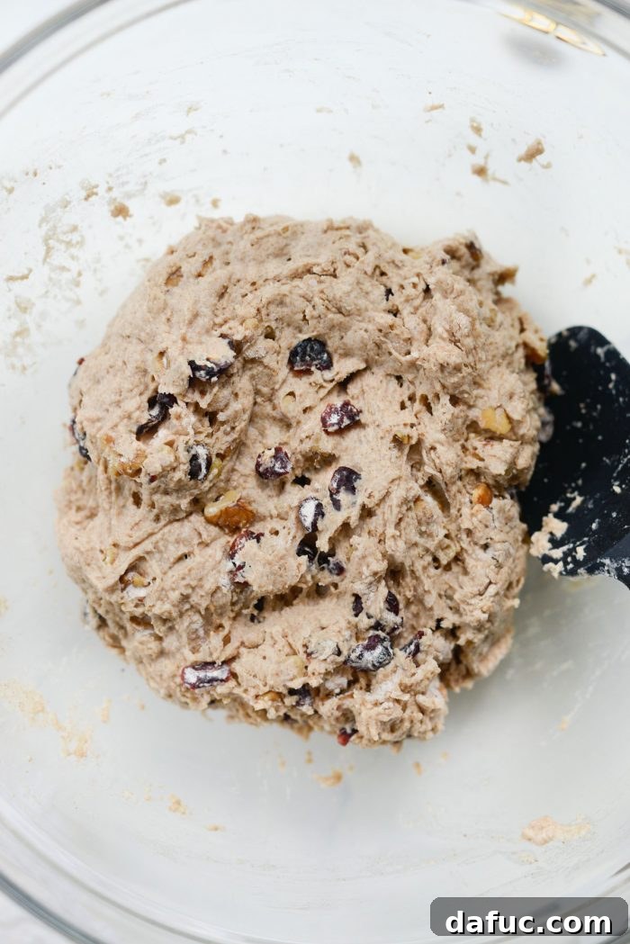 Effortless Cranberry Walnut Loaf 11 Shaggy no-knead bread dough in a bowl, ready for resting