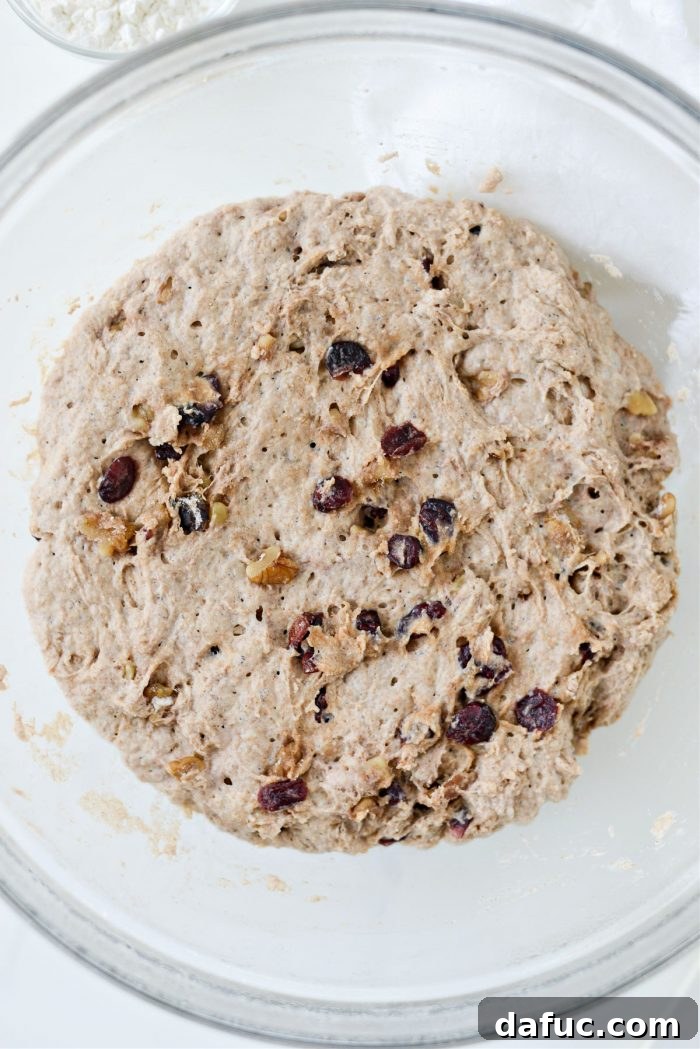 Effortless Cranberry Walnut Loaf 14 Risen no-knead dough in the bowl after overnight rest