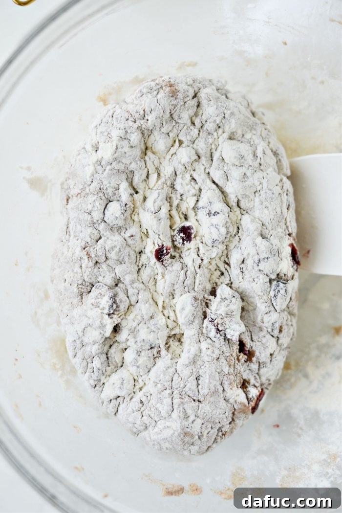 Effortless Cranberry Walnut Loaf 15 Sprinkling flour over the risen no-knead dough