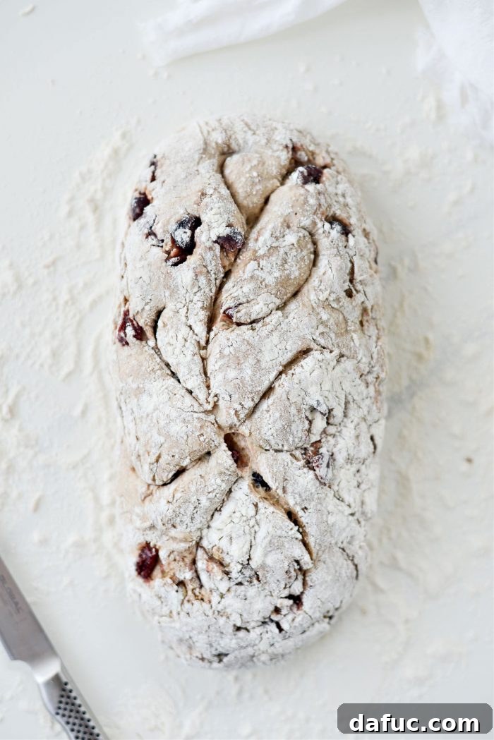 Effortless Cranberry Walnut Loaf 17 Scoring the shaped no-knead bread dough with a sharp knife