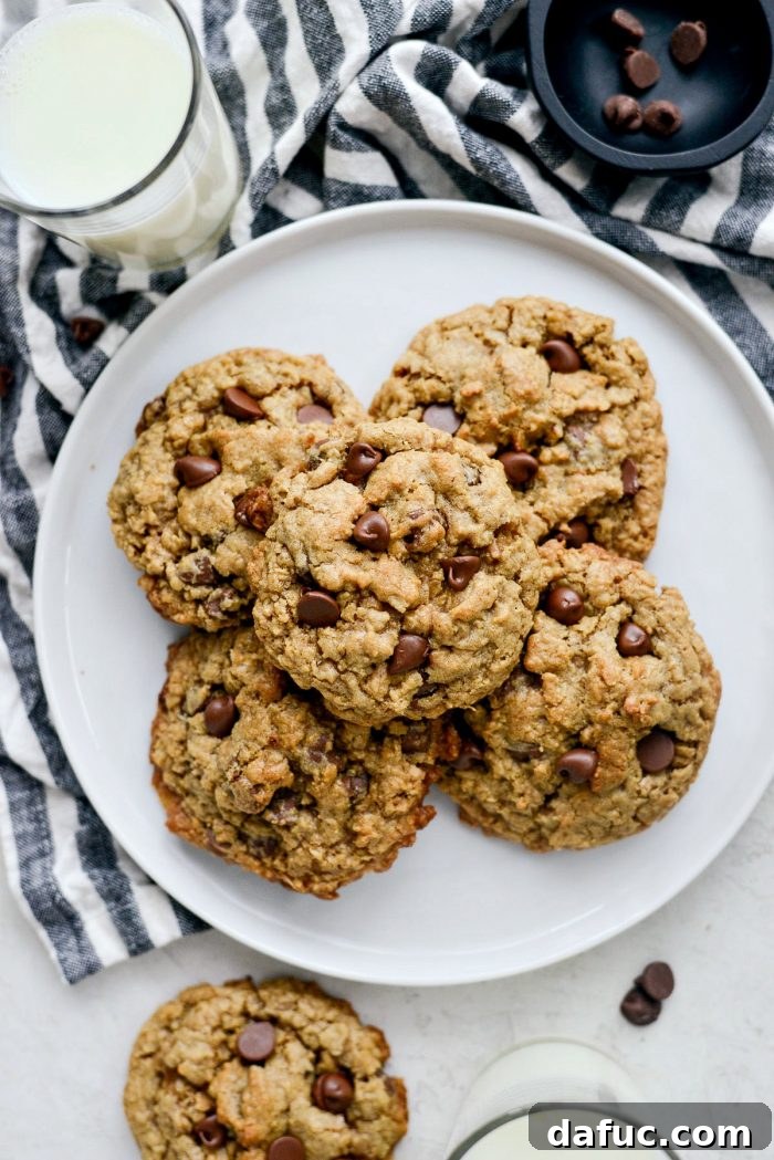 Golden Toffee Oatmeal Chocolate Chip Cookies 20 A beautiful stack of golden-brown Oatmeal Chocolate Chip Toffee Cookies, a truly irresistible homemade treat.