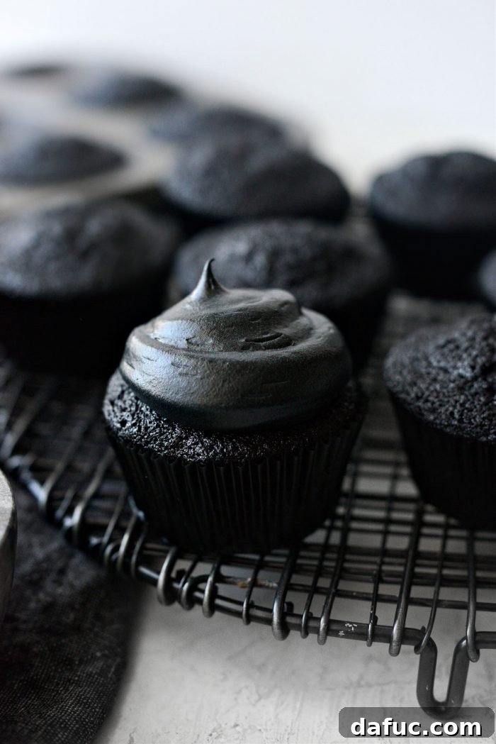 Dark Velvet Delights 25 cupcakes with piped frosting
