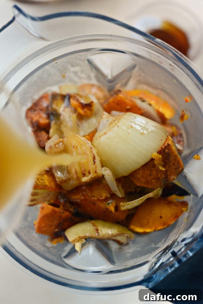 add butternut, onion, garlic, sweet potatoes and broth to blender