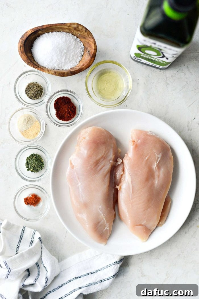 A selection of fresh ingredients for Air Fryer Chicken Breasts.