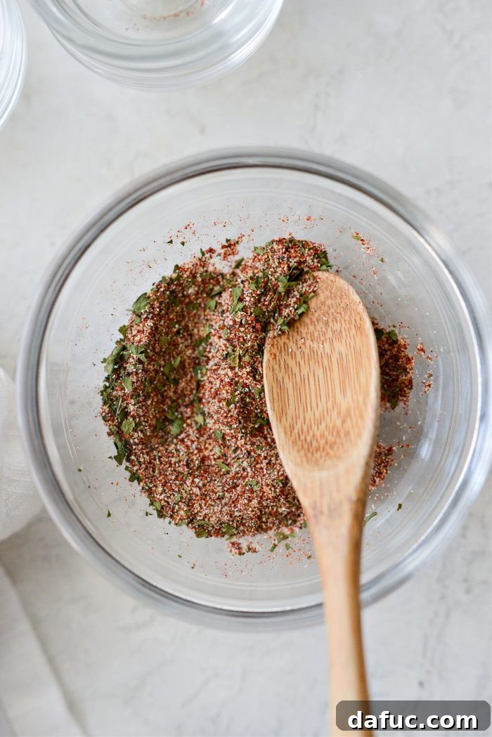 The blended spices stirred together.