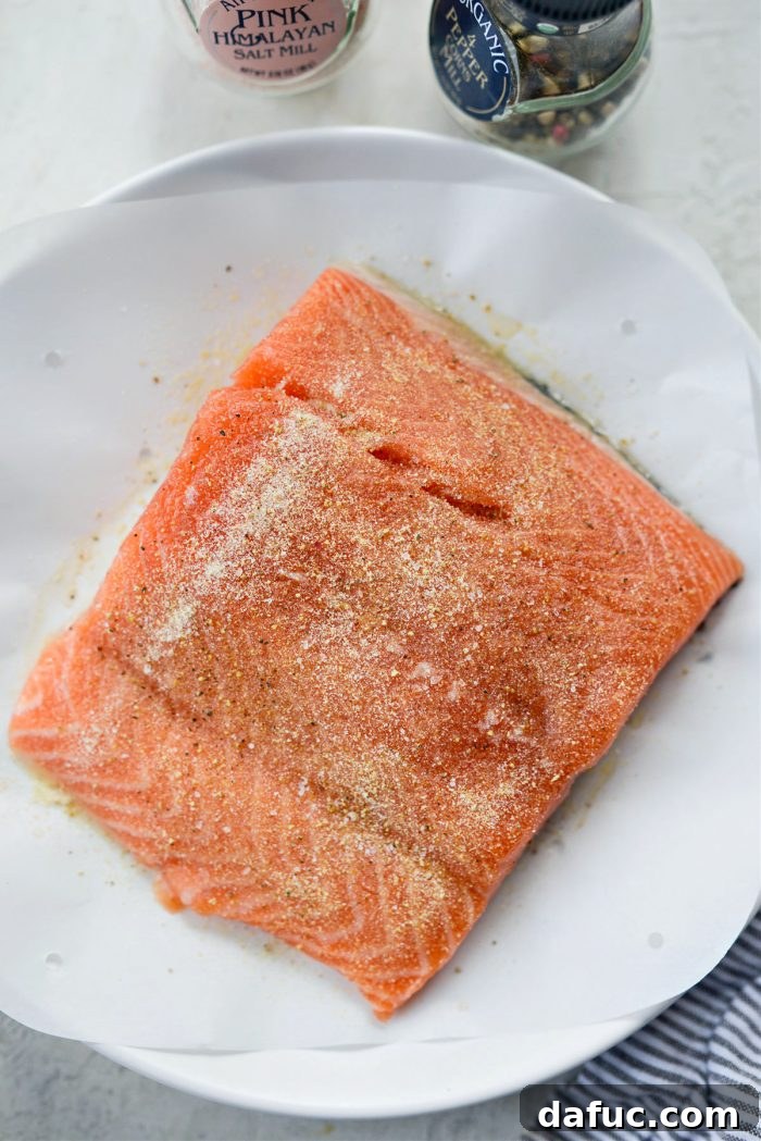 Easy Air Fryer Salmon 6 Seasoned salmon filet with garlic powder, onion powder, salt, and pepper.