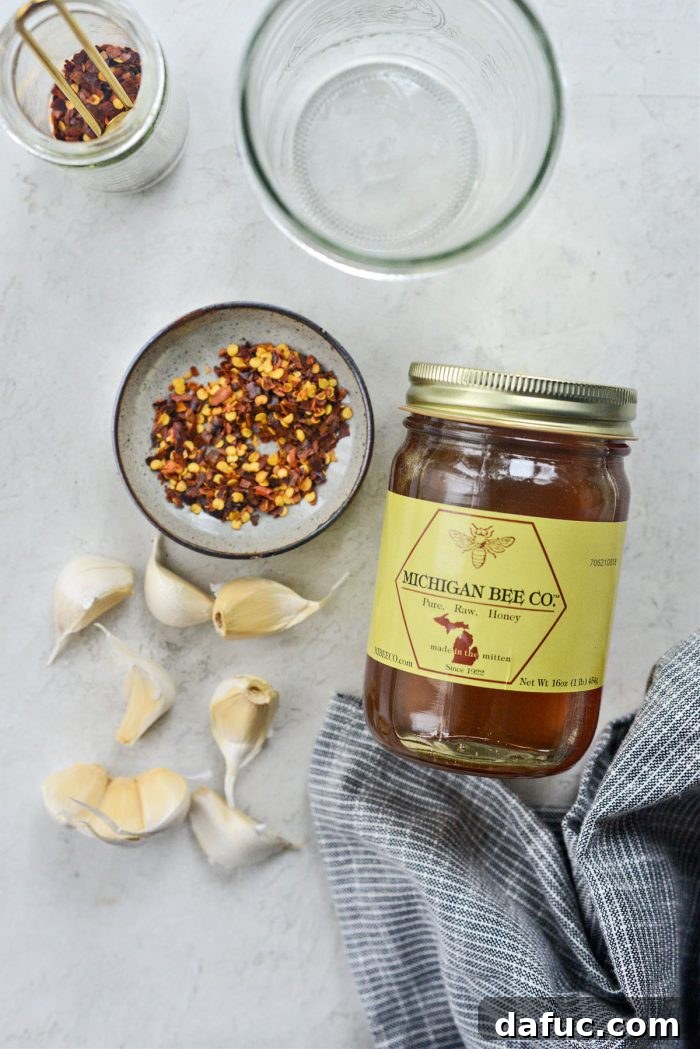 Sweet Heat Garlic Honey 4 Ingredients for homemade Garlic Hot Honey: garlic, red pepper flakes, honey
