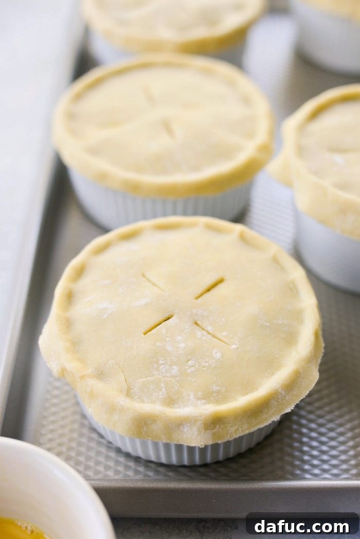 Pie dough circles placed on top of filled ramekins, crimped, and vented.