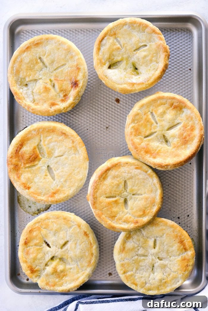 Freshly baked individual chicken pot pies with golden, flaky crusts, hot out of the oven.