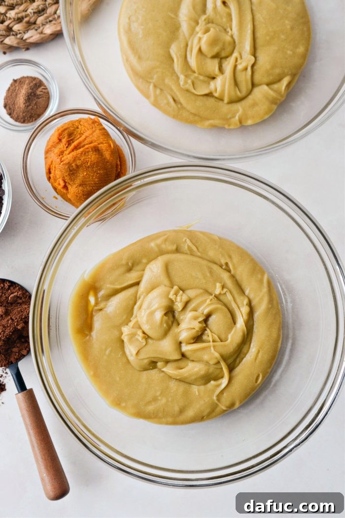 Spiced Pumpkin Pecan Brownies 13 Dividing batter among two bowls